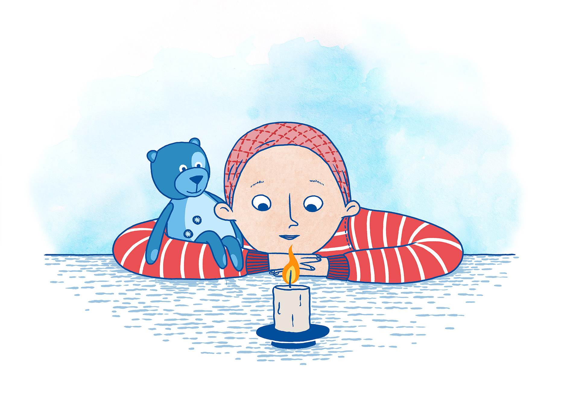 Illustration av ett barn med ett gosedjur i famnen. Barnen sitter framför ett ljus